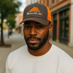 Mueller, Inc. Embroidered Trucker Hat Cap Snapback Orange Gray Mesh Back